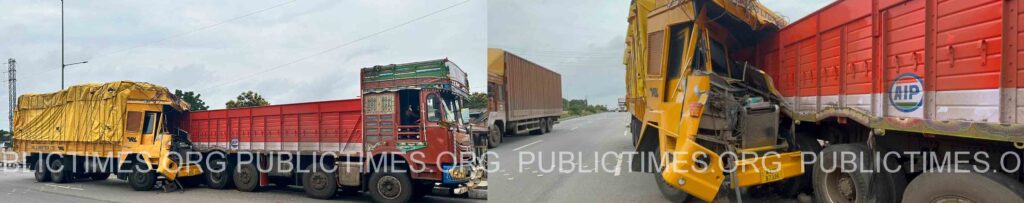  VRL goods lorry collides with stationary lorry: Driver escapes with life and death ನಿಂತ ಲಾರಿಗೆ ವಿ.ಆರ್.ಎಲ್.ಗೂಡ್ಸ್ ಲಾರಿ ಡಿಕ್ಕಿ : ಪ್ರಾಣಾಪಾಯದಿಂದ ಚಾಲಕ ಪಾರು